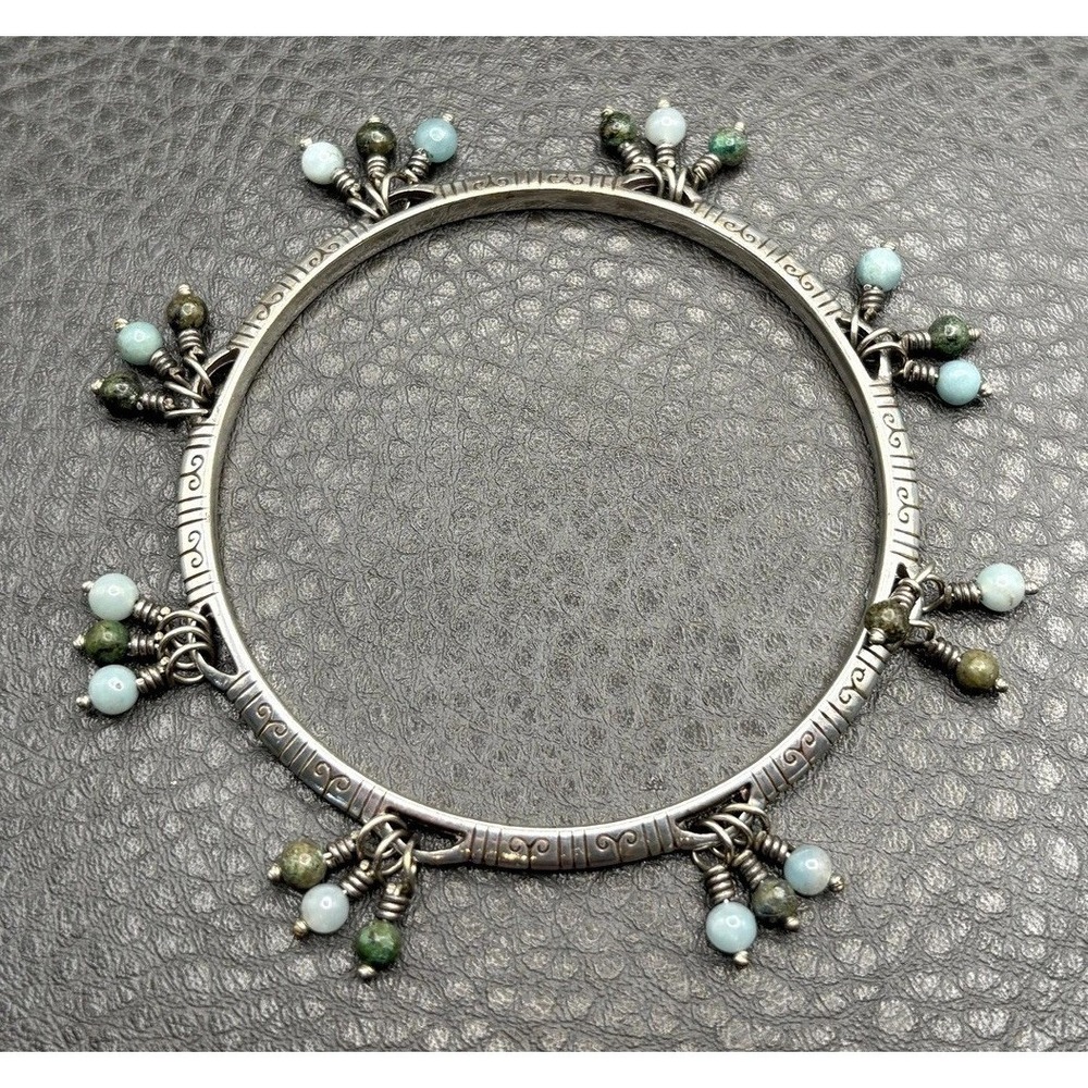 Vintage Unsigned Brighton Silver Tone Bangle Bracelet Gemstone Bead Charms 8"